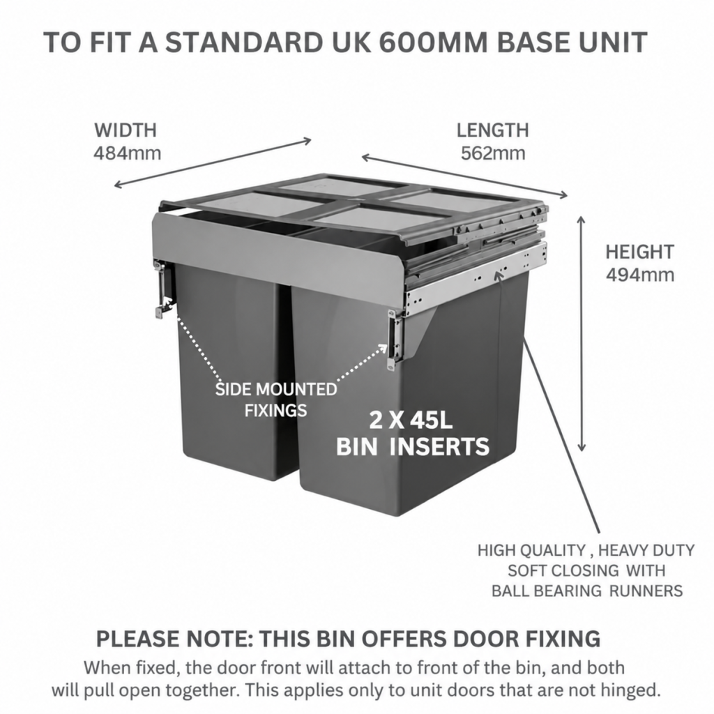 Dimensions diagram for Suitable for 600mm Cabinet - 90L Grey Side Mounted Door Bin (2x45L)