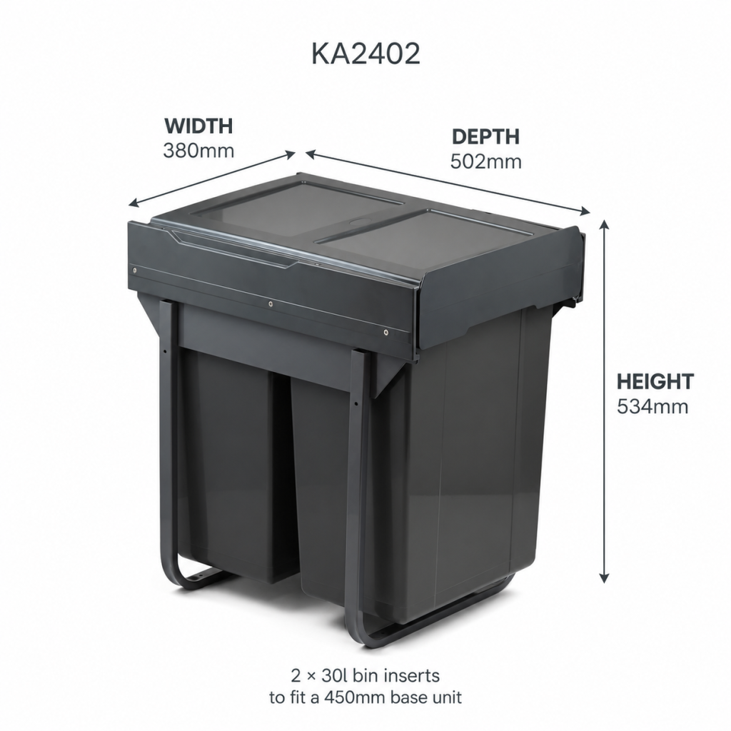 Dimensions diagram for Suitable for 450mm  Cabinet - 60L Grey Base Mounted Bin (2 x 30ltr containers)