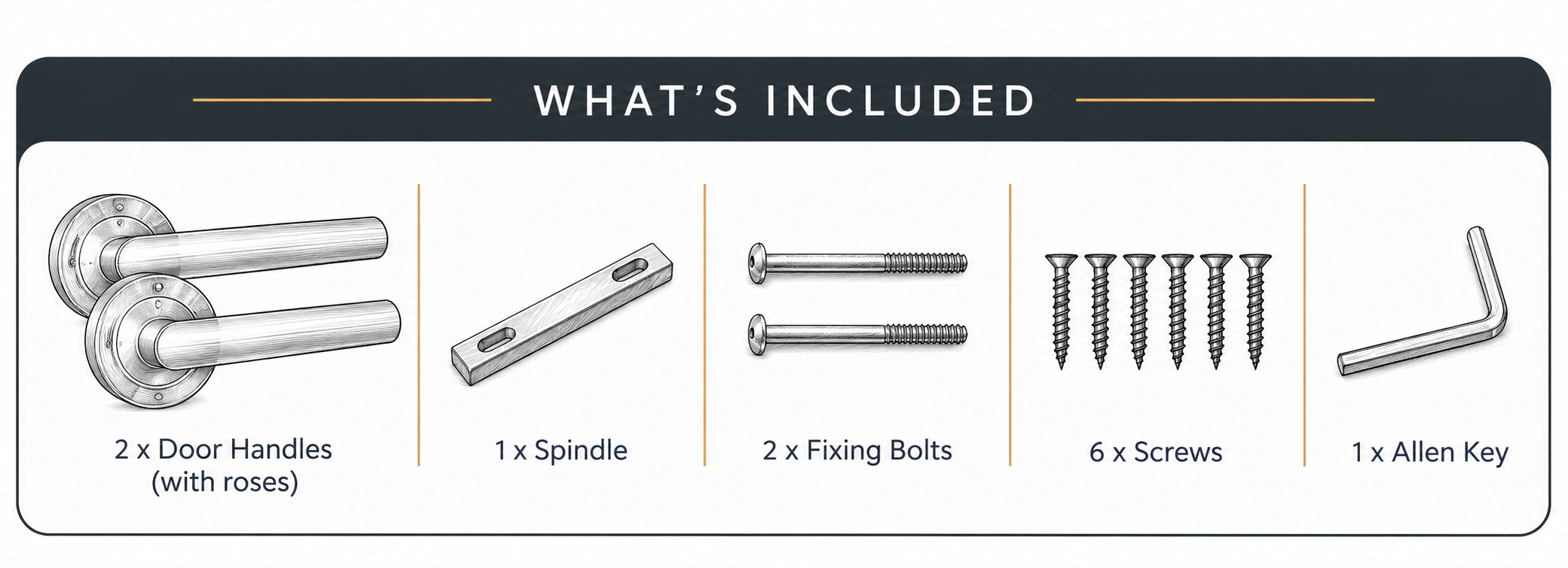 Door handle set including two lever handles with roses, spindle, fixing bolts, screws and Allen key